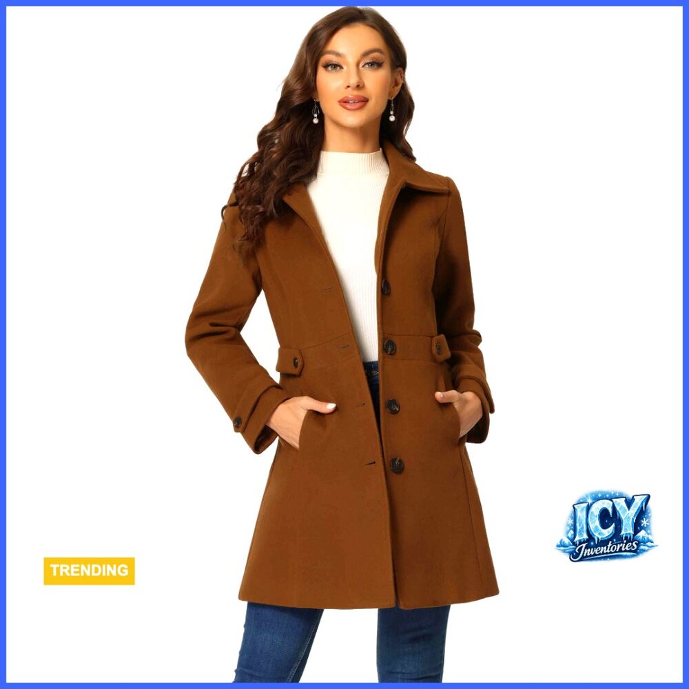 Women's Winter Pea Coat with Pockets, Single Breasted Overcoat